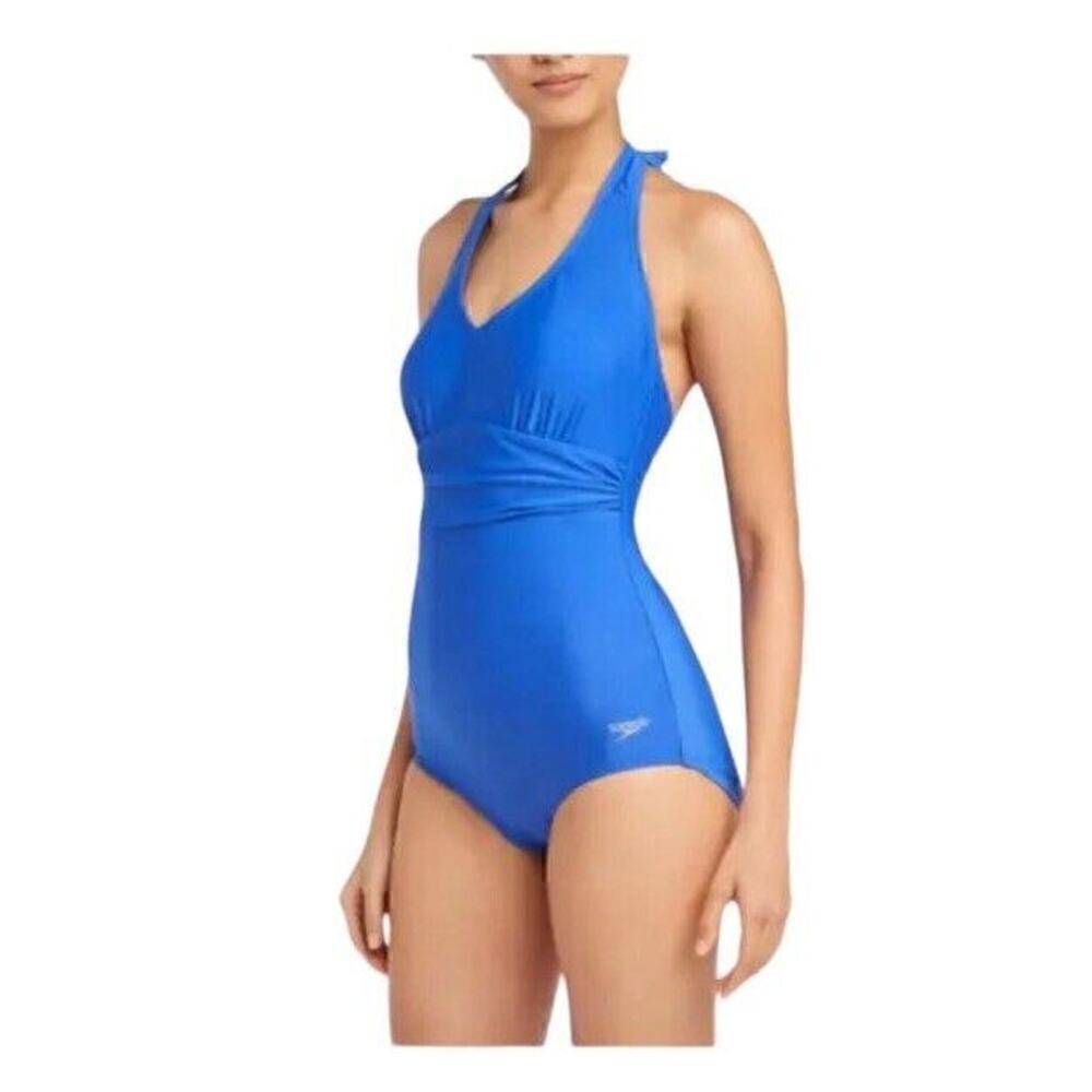 Speedo Ladies' 1-piece Halter Swim Suit Swimsuit, Blue, Halter Size medium